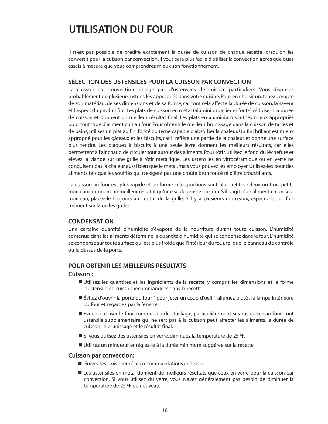 DCS RDS-305 manual Sélection DES Ustensiles Pour LA Cuisson PAR Convection, Pour Obtenir LES Meilleurs Résultats 