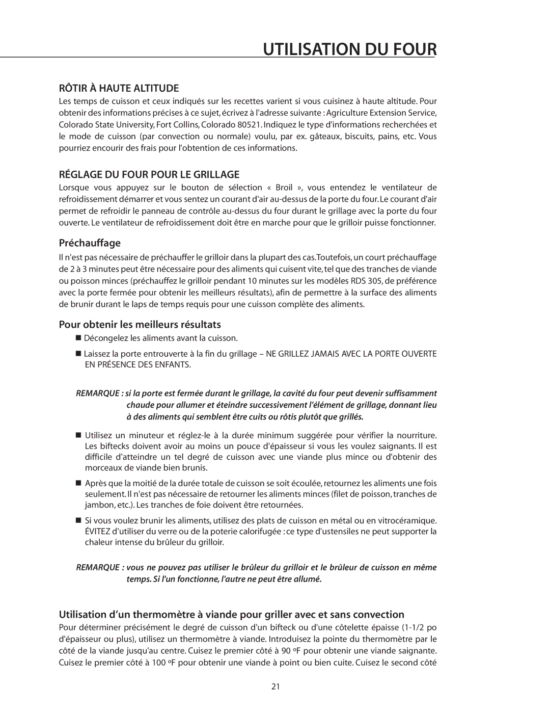 DCS RDS-305 Rôtir À Haute Altitude, Réglage DU Four Pour LE Grillage, Préchauffage, Pour obtenir les meilleurs résultats 