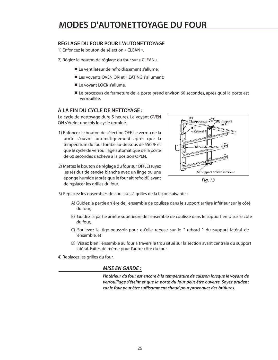 DCS RDS-305 manual Réglage DU Four Pour Lautonettoyage, LA FIN DU Cycle DE Nettoyage 