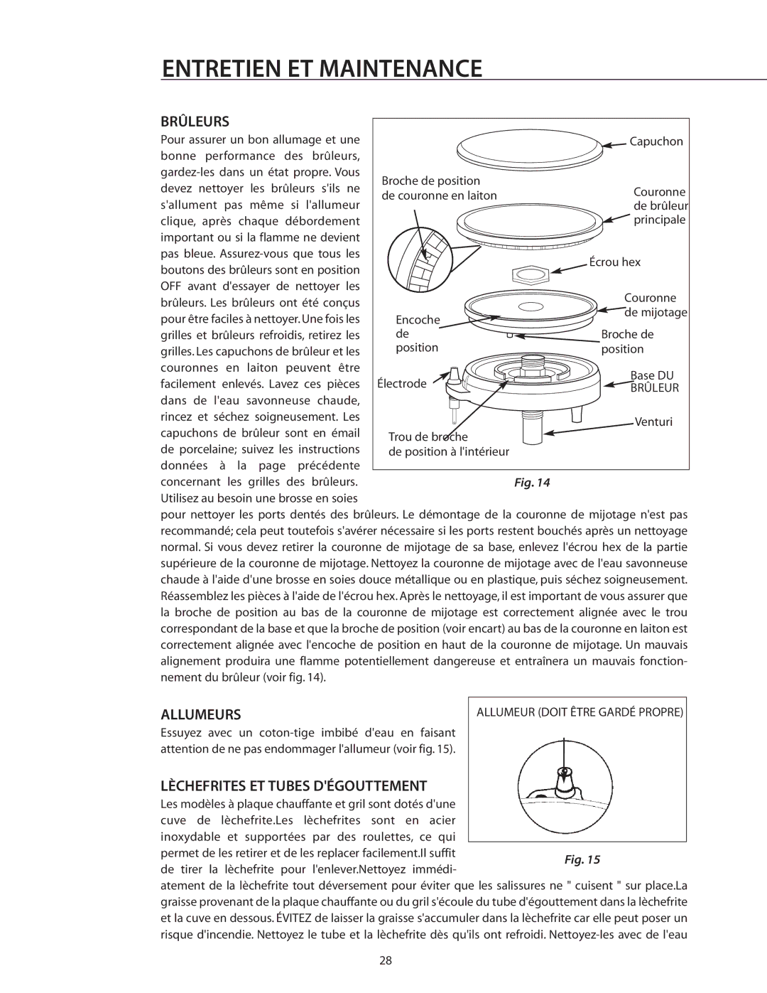 DCS RDS-305 manual Allumeurs, Lèchefrites ET Tubes Dégouttement 