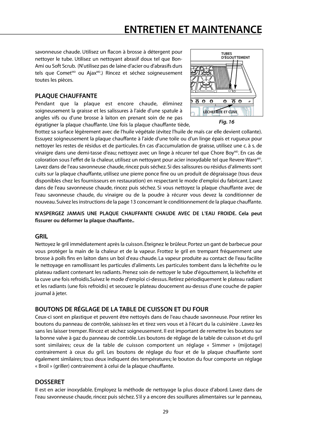 DCS RDS-305 manual Boutons DE Réglage DE LA Table DE Cuisson ET DU Four, Dosseret 