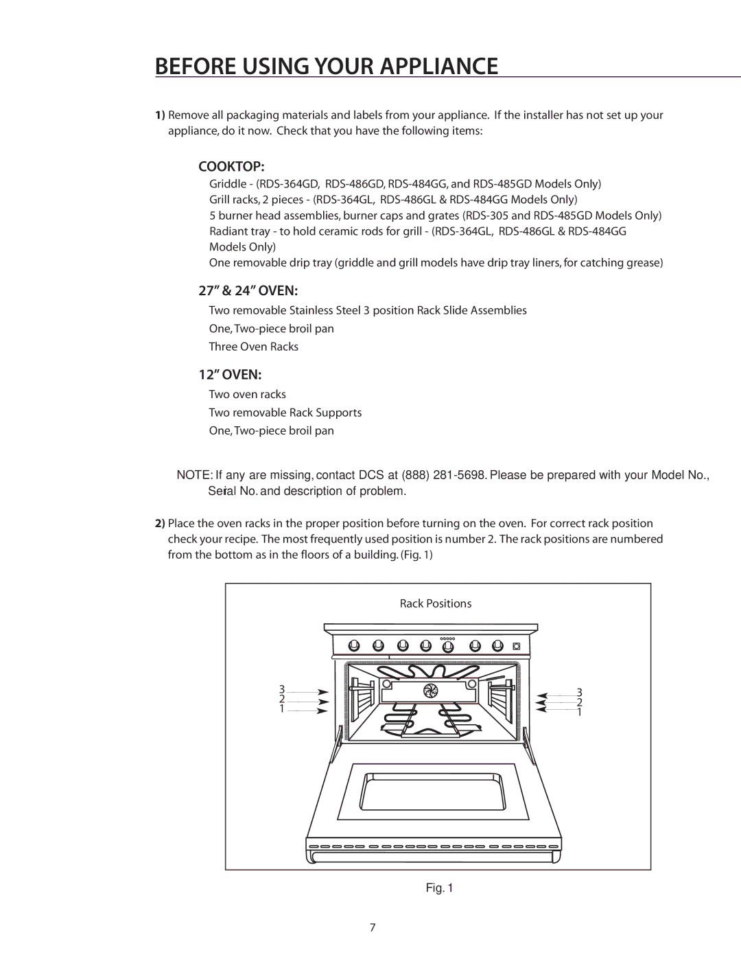 DCS RDS-305 manual Before Using Your Appliance, Cooktop, 27 & 24 Oven 