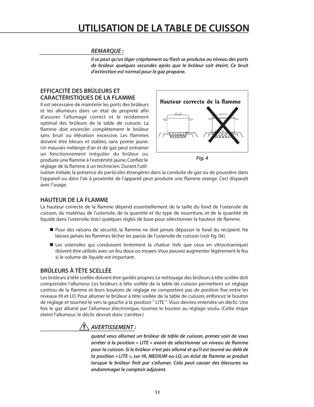 DCS RDS-305 manual Efficacité Des Brûleurs Et Caractéristiques De La Flamme, Hauteur De La Flamme, Brûleurs À Tête Scellée 