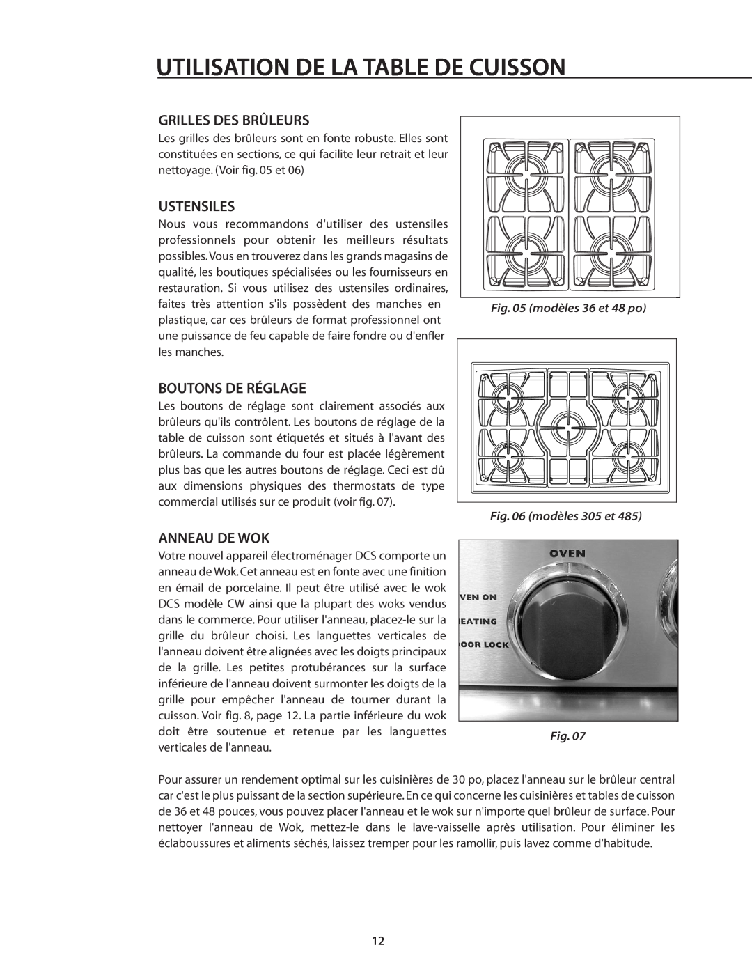DCS RDS-305 manual Grilles Des Brûleurs, Ustensiles, Boutons De Réglage, Anneau De Wok, Utilisation De La Table De Cuisson 