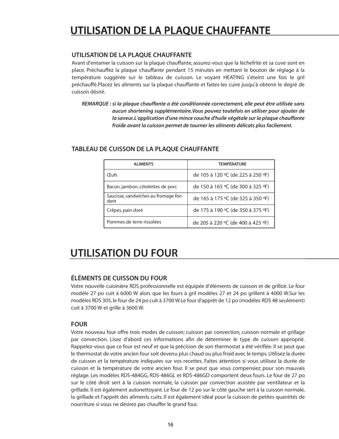 DCS RDS-305 manual Utilisation Du Four, Utilisation De La Plaque Chauffante, Tableau De Cuisson De La Plaque Chauffante 
