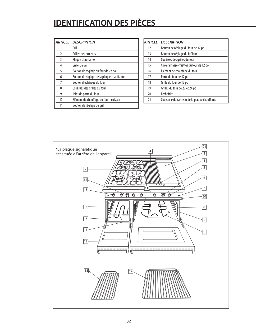 DCS RDS-305 manual Identification Des Pièces, Description, Bouton de réglage du four de 12 po, Grilles des brûleurs 