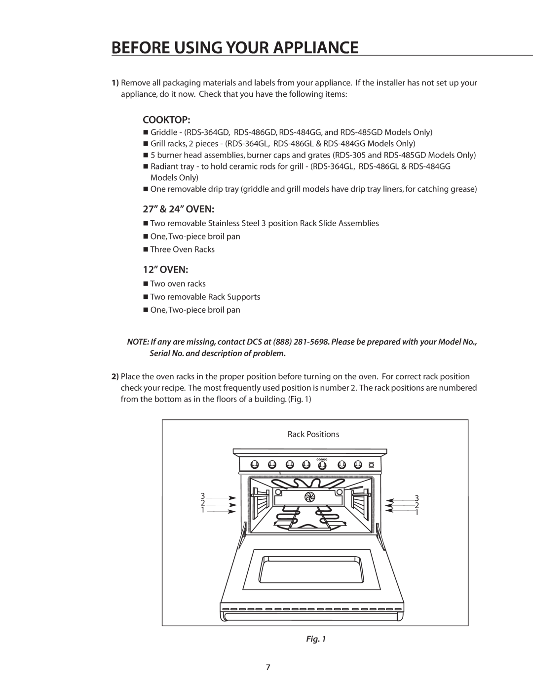 DCS RDS-305 manual Before Using Your Appliance, Cooktop, 27” & 24” OVEN, 12” OVEN 