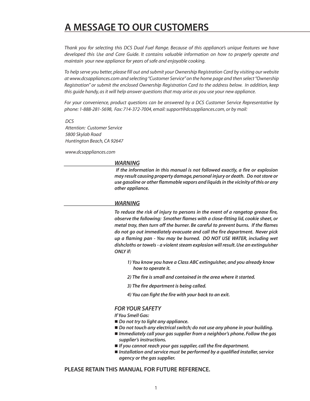 DCS RDS-486GD, RDS-364GD, RDS-484GG, RDS-485GD manual Message to OUR Customers, Please Retain this Manual for Future Reference 