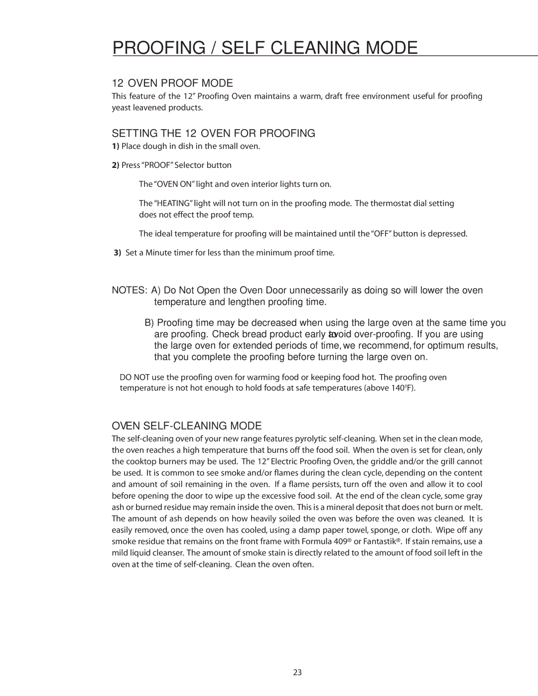 DCS RDS-485GD Proofing / Self Cleaning Mode, Oven Proof Mode, Setting the 12 Oven for Proofing, Oven SELF-CLEANING Mode 