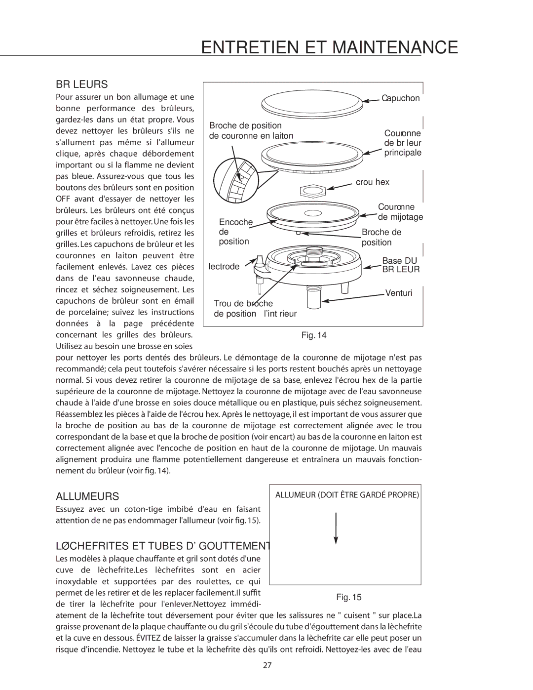 DCS RDS-486GD, RDS-364GD, RDS-484GG, RDS-485GD, RDS-366, RDS-364GL, RDS-486GL manual Allumeurs, Lèchefrites ET Tubes Dégouttement 