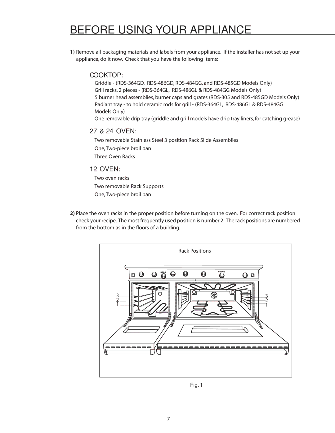 DCS RDS-484GG, RDS-364GD, RDS-486GD, RDS-485GD, RDS-366, RDS-364GL manual Before Using Your Appliance, Cooktop, 27 & 24 Oven 