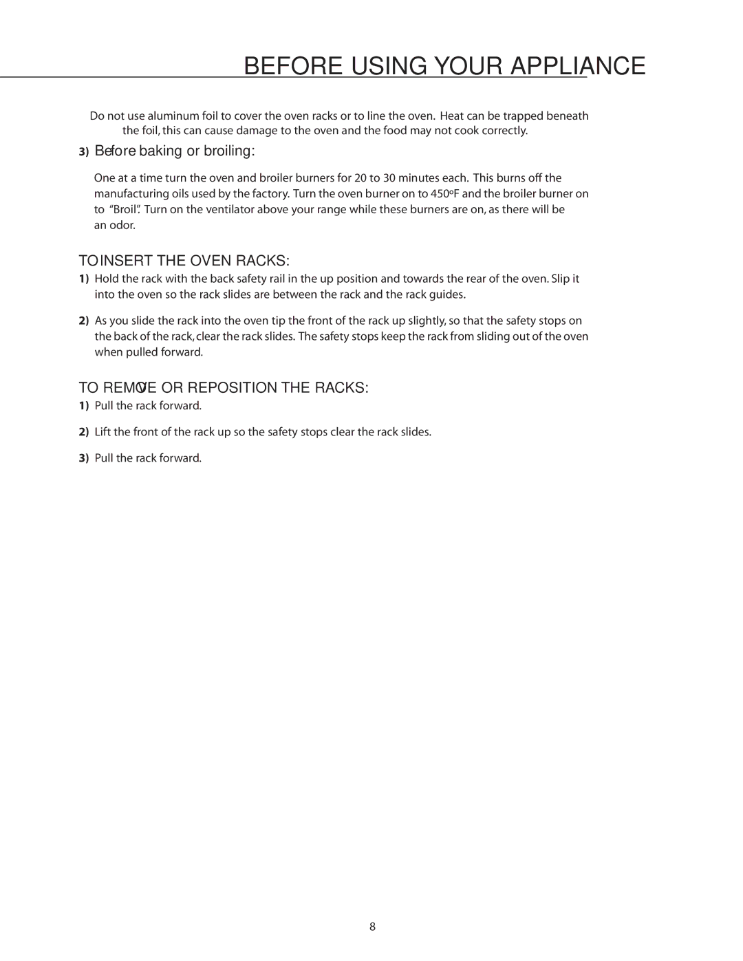 DCS RDS-486GD, RDS-364GD, RDS-484GG Before baking or broiling, To Insert the Oven Racks, To Remove or Reposition the Racks 
