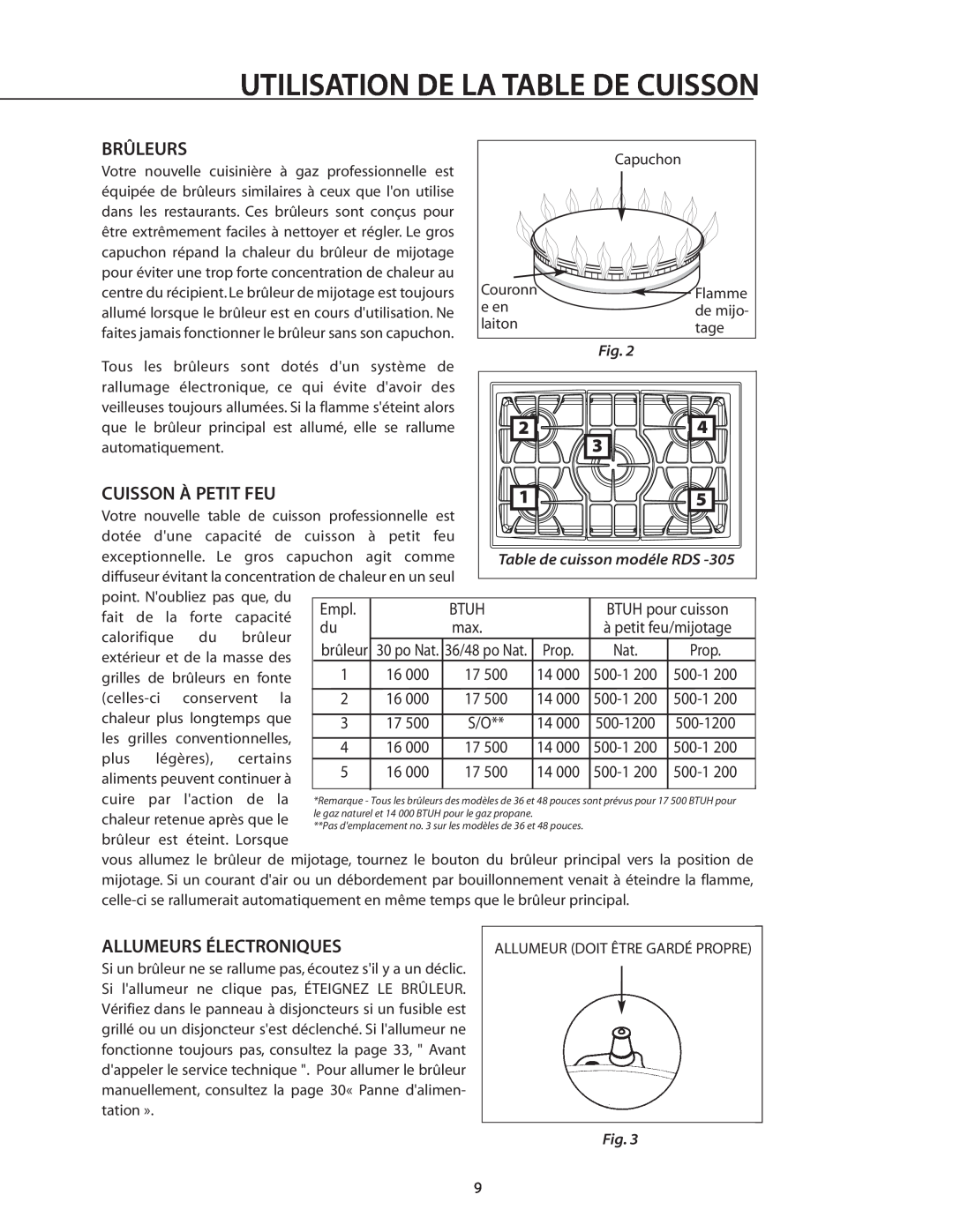 DCS RDS-364GL, RDS-364GD manual Utilisation De La Table De Cuisson, Brûleurs, Cuisson À Petit Feu, Allumeurs Électroniques 