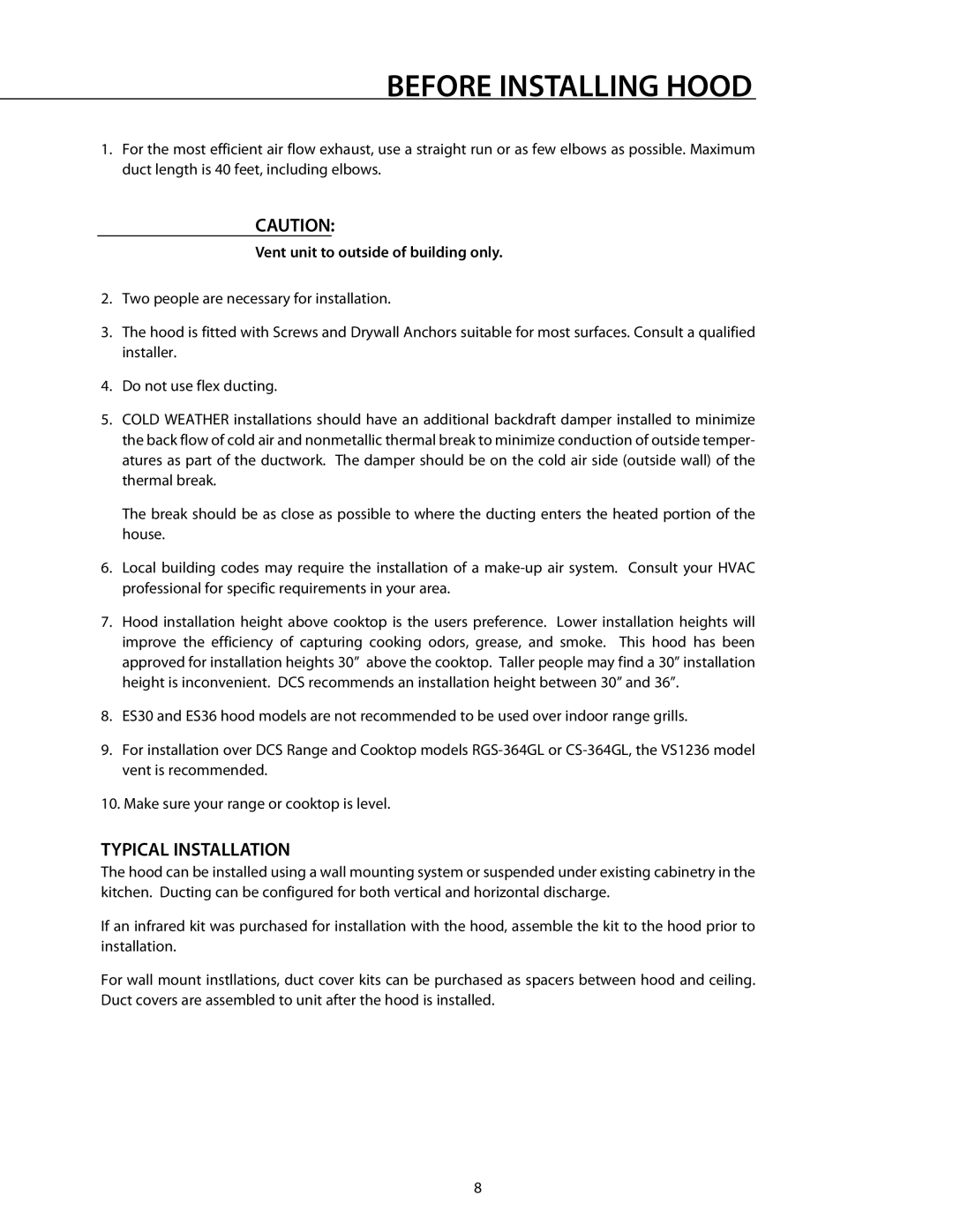 DCS RDS-364GD manual Before Installing Hood, Typical Installation, Vent unit to outside of building only 