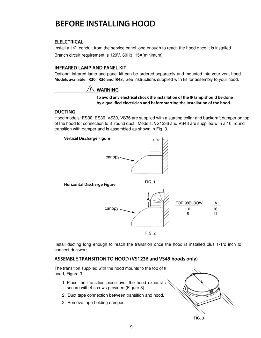 DCS RDS-364GD Elelctrical, Infrared Lamp and Panel KIT, Ducting, Vertical Discharge Figure, Horizontal Discharge Figure 