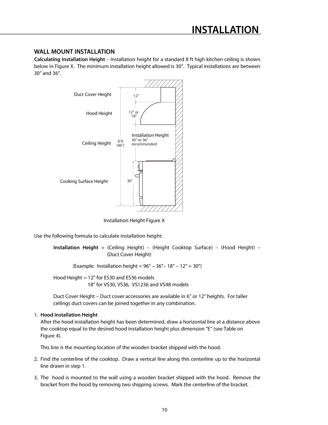 DCS RDS-364GD manual Wall Mount Installation, Hood Installation Height 