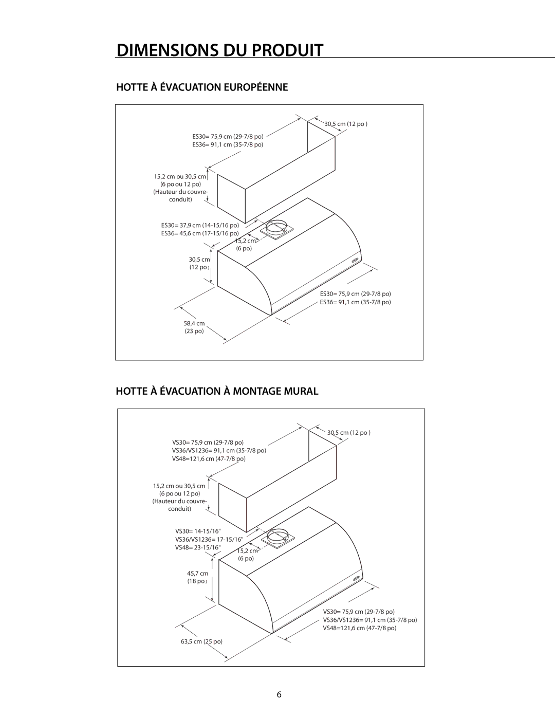 DCS RDS-364GD manual Dimensions DU Produit, Hotte À Évacuation Européenne, Hotte À Évacuation À Montage Mural 