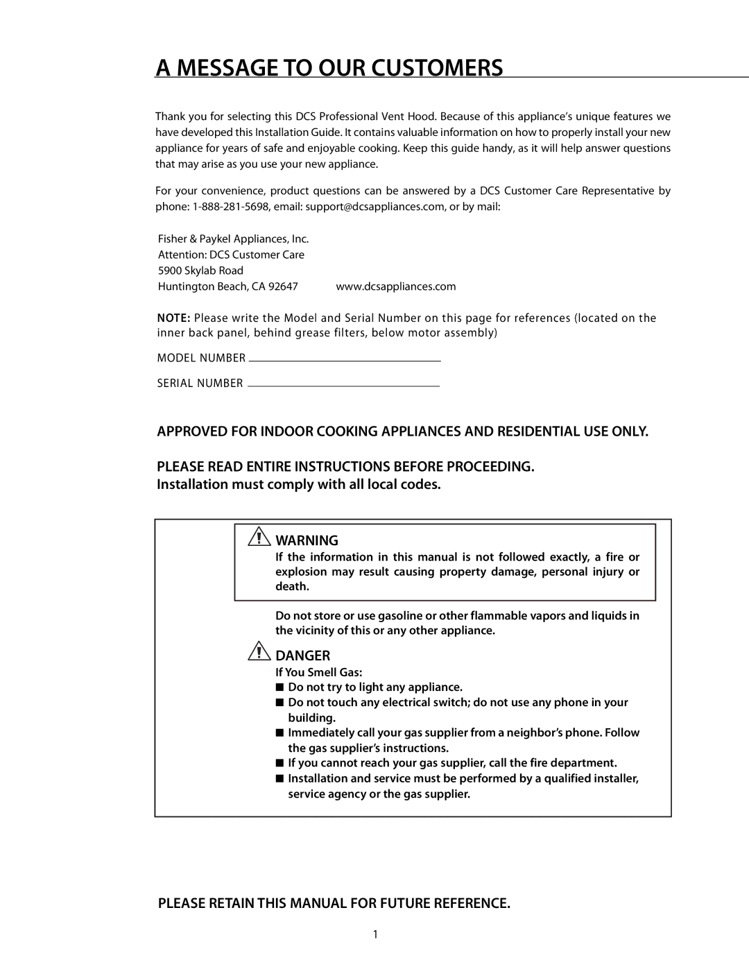 DCS RDS-364GD manual Message to OUR Customers, Please Retain this Manual for Future Reference 