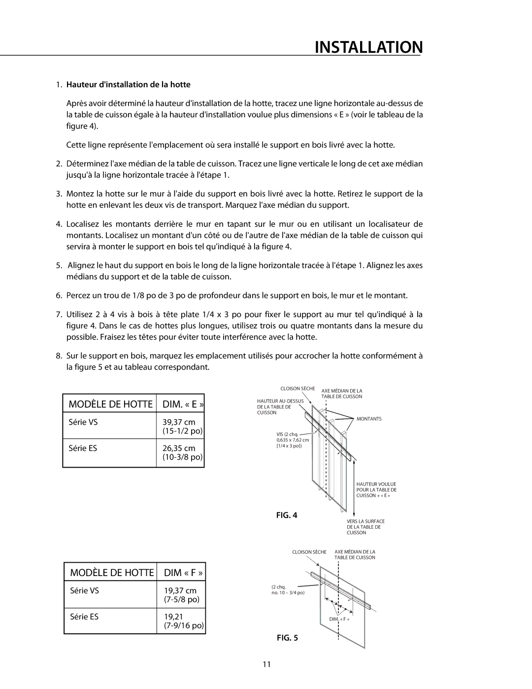 DCS RDS-364GD manual Modèle DE Hotte, Hauteur dinstallation de la hotte 