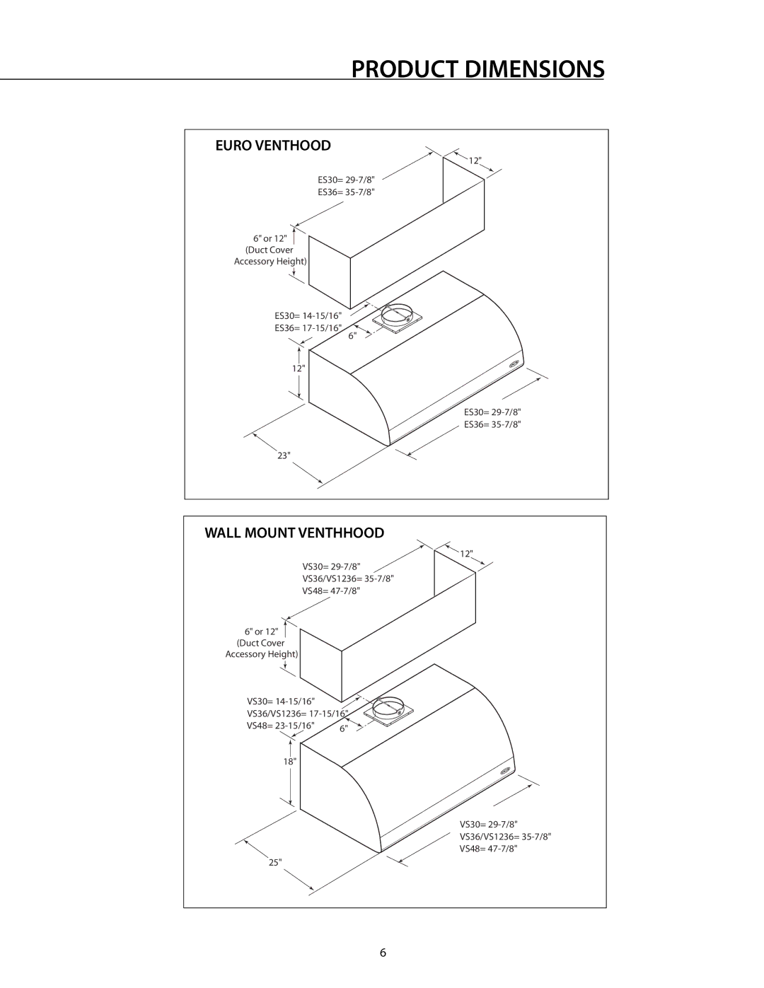 DCS RDS-364GD manual Product Dimensions, Euro Venthood, Wall Mount Venthhood 