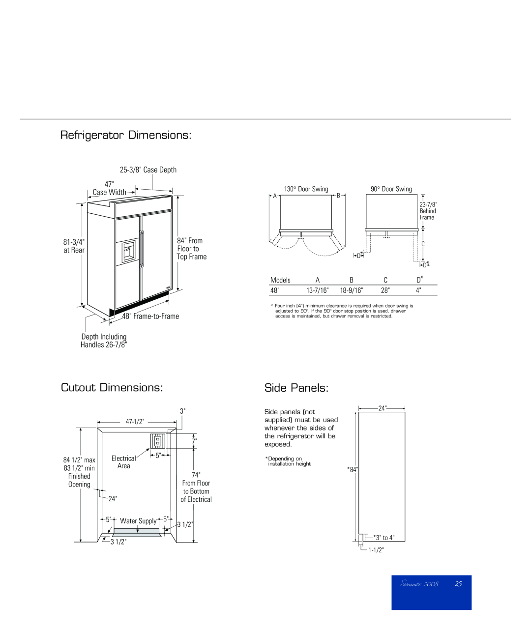 DCS RF48SS Summer, Refrigerator Dimensions, Cutout Dimensions, Side Panels, 25-3/8 Case Depth, Case Width, 81-3/4, at Rear 