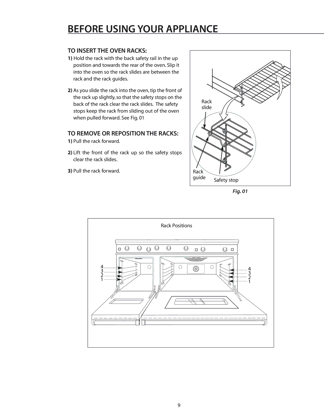 DCS RGS-484GG, RGS-486GL, CS-364GD, RGS-305, RGS-485GD, RGS-364GD To Insert the Oven Racks, To Remove or Reposition the Racks 