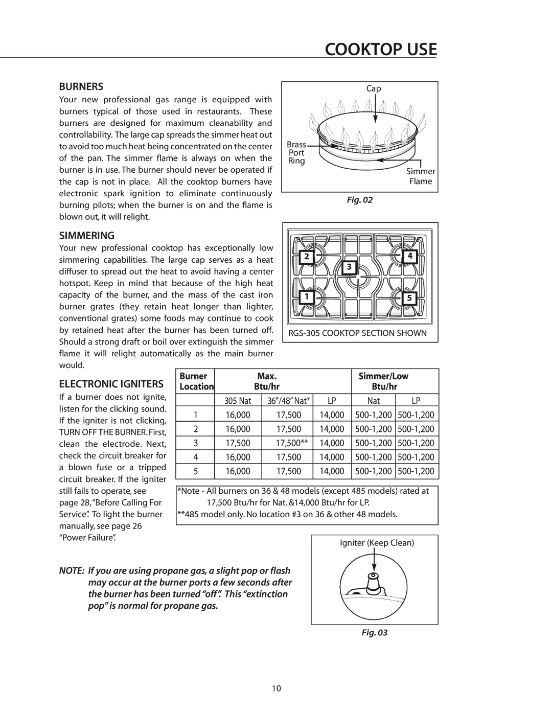 DCS CS-364GD, RGS-486GL, RGS-484GG, RGS-305, RGS-485GD, RGS-364GD, RGS-364GL, RGS-366 Cooktop USE, Burners, Simmering, 17,500 