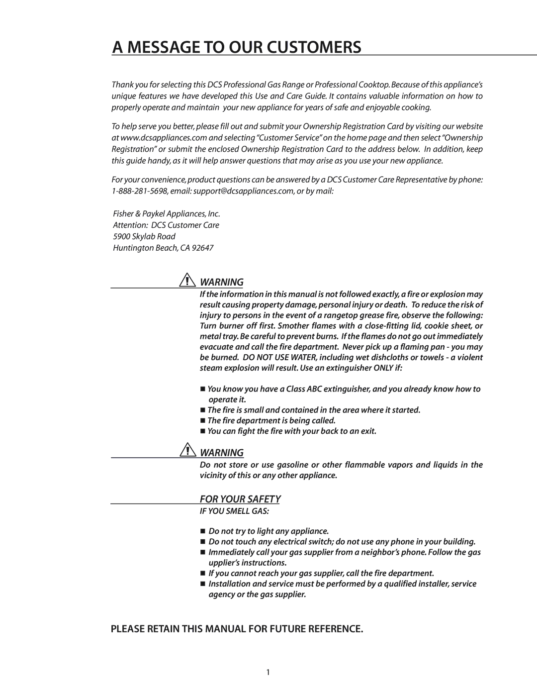 DCS CS-364GD, RGS-486GL, RGS-484GG, RGS-305, RGS-366 Message to OUR Customers, Please Retain this Manual for Future Reference 