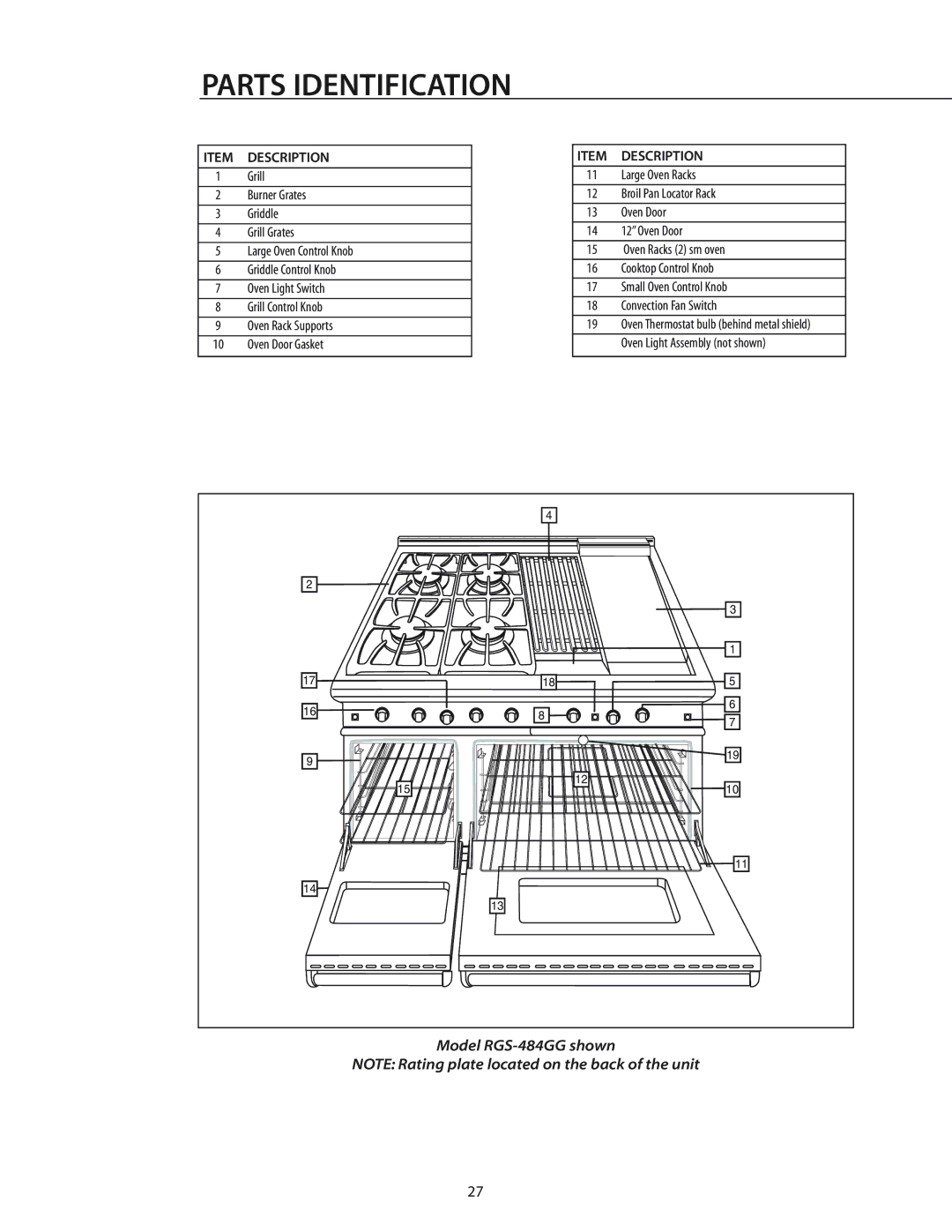 DCS RGS-484GG, RGS-486GL, CS-364GD, RGS-305, RGS-485GD, RGS-364GD, RGS-364GL, RGS-366 manual Parts Identification, Description 