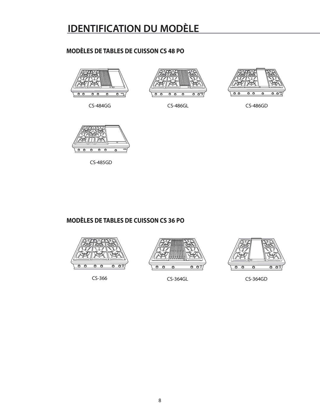 DCS RGS-364GL, RGS-486GL, RGS-484GG, CS-364GD, RGS-305, RGS-485GD, RGS-364GD, RGS-366 manual Modèles DE Tables DE Cuisson CS 48 PO 