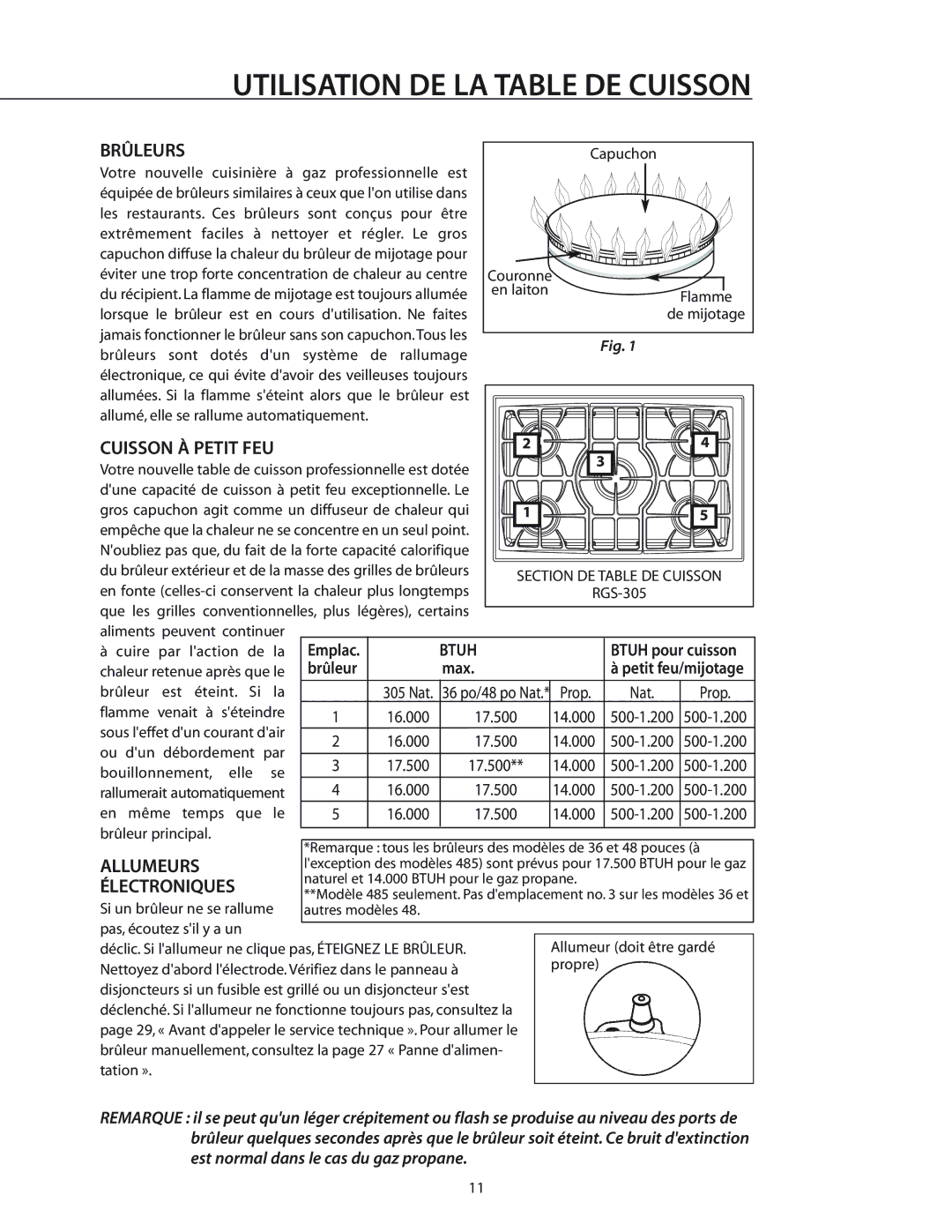 DCS RGS-486GL, RGS-484GG, CS-364GD, RGS-305 manual Utilisation DE LA Table DE Cuisson, Brûleurs, Cuisson À Petit FEU, Nat Prop 