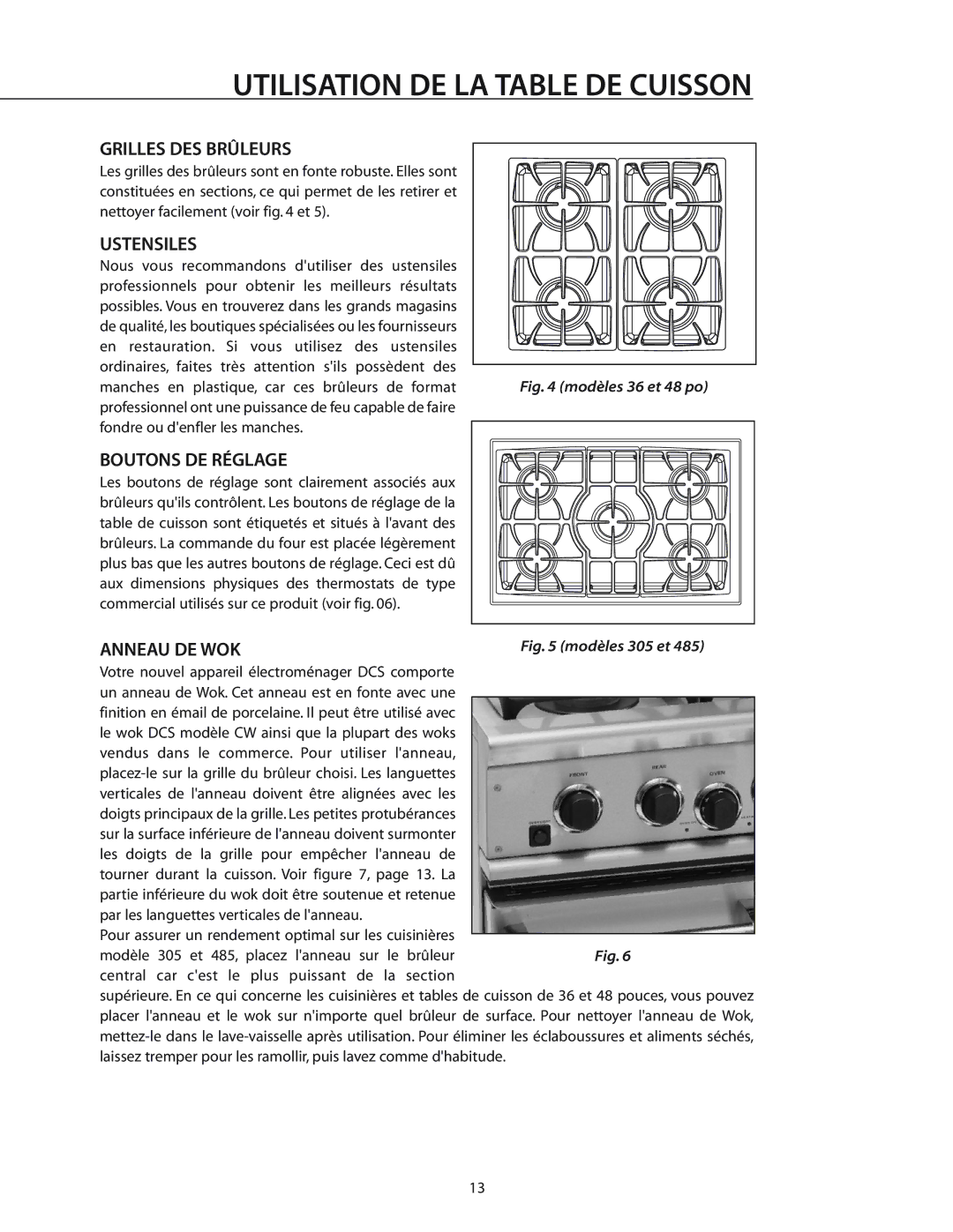 DCS CS-364GD, RGS-486GL, RGS-484GG, RGS-305, RGS-485GD Grilles DES Brûleurs, Ustensiles, Boutons DE Réglage, Anneau DE WOK 