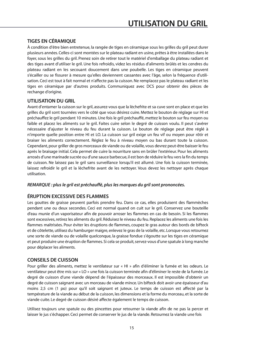 DCS RGS-485GD, RGS-486GL manual Tiges EN Céramique, Utilisation DU Gril, Éruption Excessive DES Flammes, Conseils DE Cuisson 