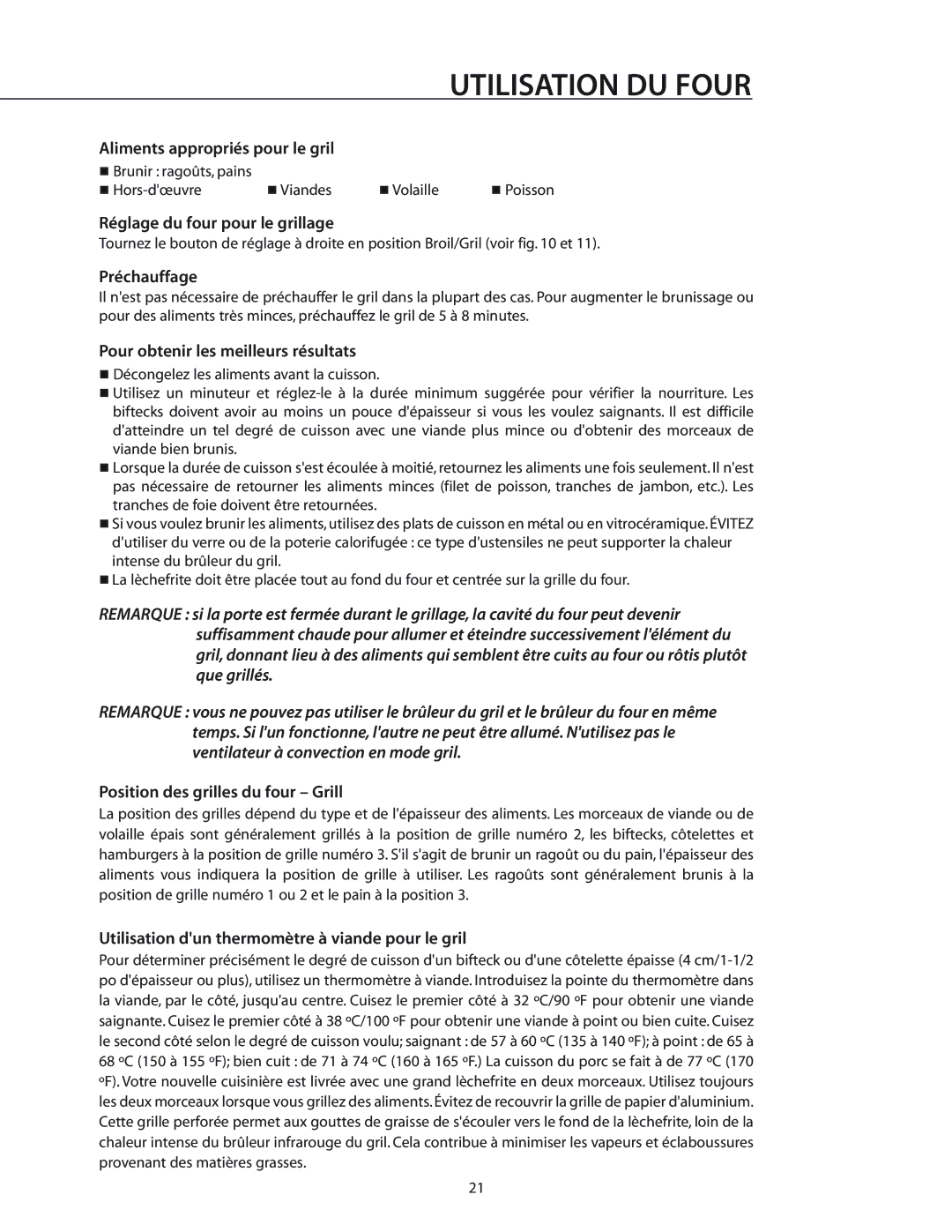 DCS RGS-484GG, RGS-486GL, CS-364GD, RGS-305 Aliments appropriés pour le gril, Réglage du four pour le grillage, Préchauffage 