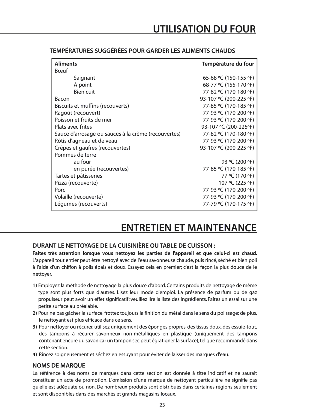 DCS RGS-305, RGS-486GL Entretien ET Maintenance, Températures Suggérées Pour Garder LES Aliments Chauds, Noms DE Marque 