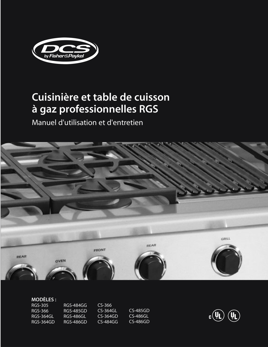 DCS RGS-366, RGS-305 Cuisinière et table de cuisson à gaz professionnelles RGS, Manuel dutilisation et dentretien, Modèles 