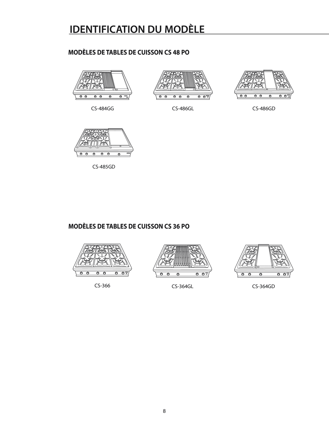 DCS RGS-364GL manual MODÈLES DE TABLES DE CUISSON CS 48 PO, MODÈLES DE TABLES DE CUISSON CS 36 PO, Identification Du Modèle 