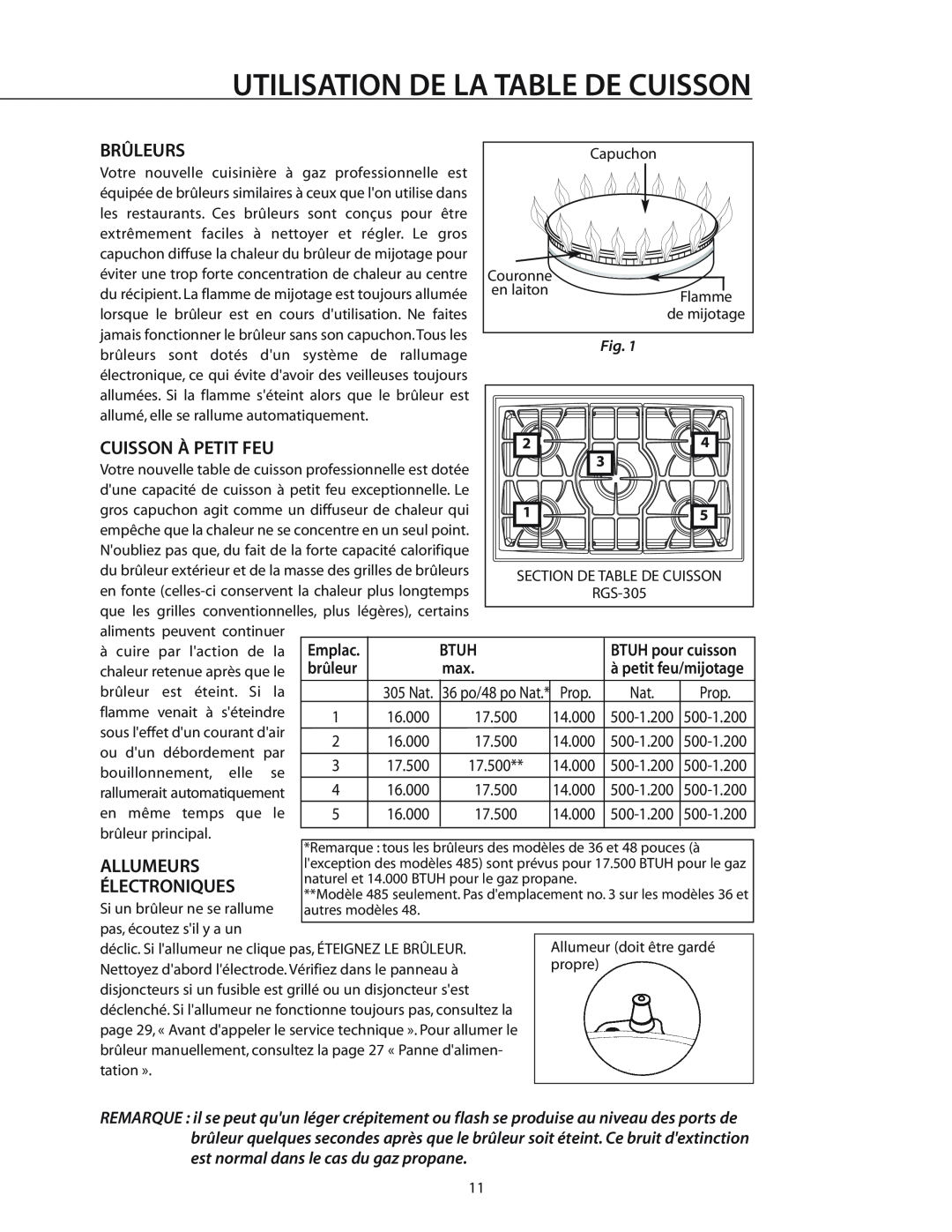 DCS RGS-486GL manual Utilisation De La Table De Cuisson, Brûleurs, Cuisson À Petit Feu, Btuh, Prop, Allumeurs Électroniques 