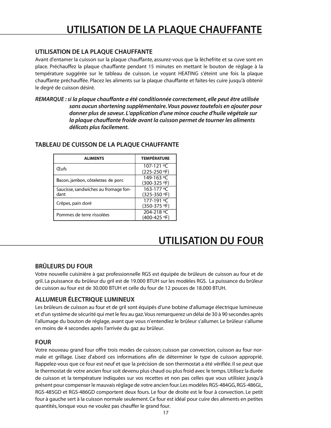DCS RGS-364GL manual Utilisation Du Four, Utilisation De La Plaque Chauffante, Tableau De Cuisson De La Plaque Chauffante 