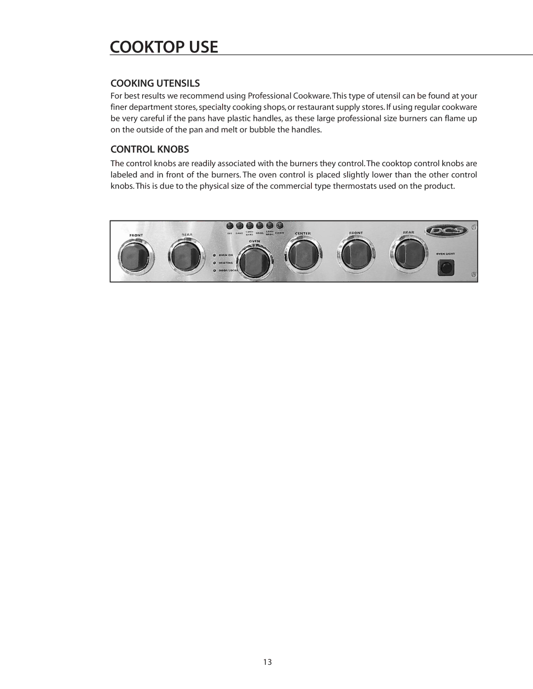 DCS RGSC-305SS, RGSC-305BK, RGSC-305WT manual Cooking Utensils, Control Knobs 