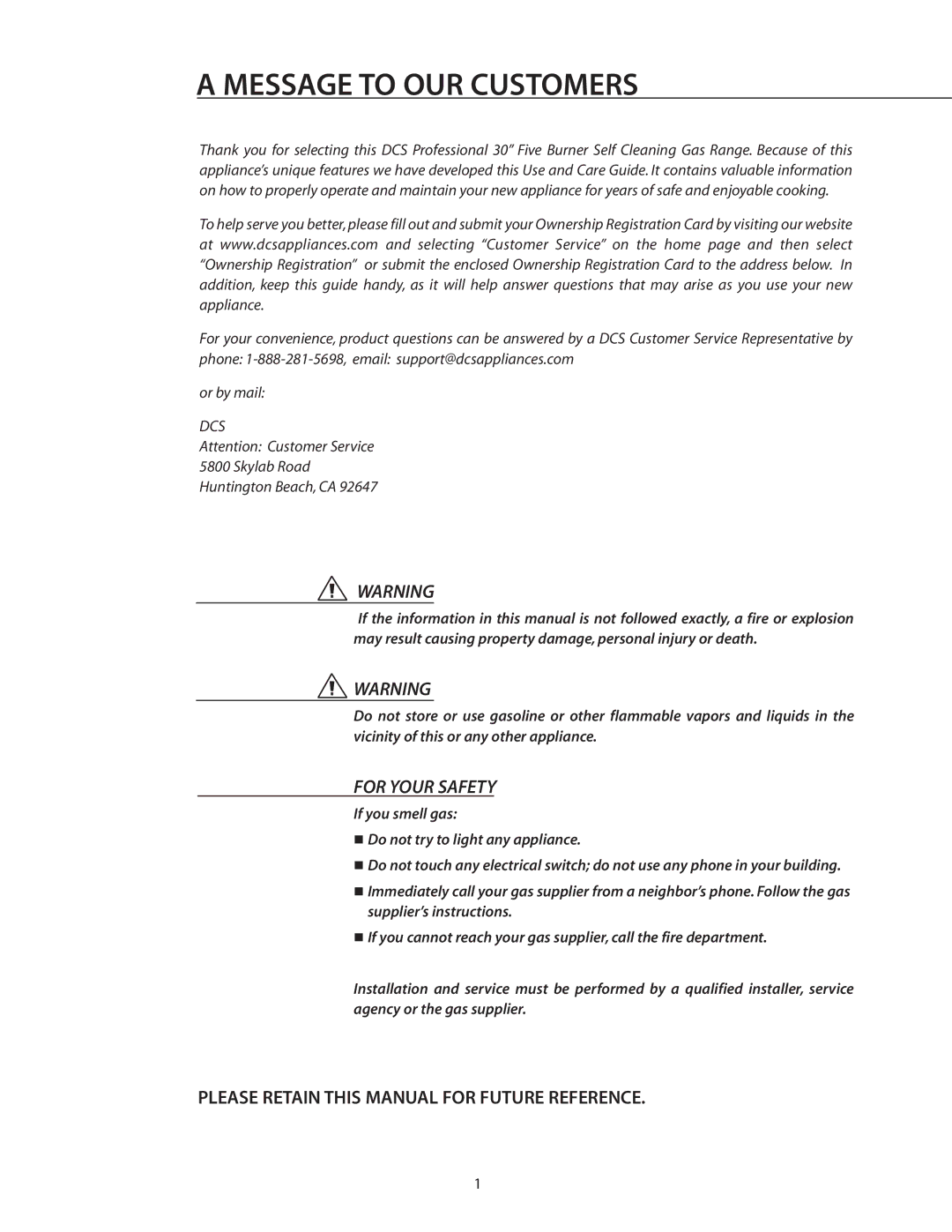 DCS RGSC-305SS, RGSC-305BK, RGSC-305WT manual Message to OUR Customers, Please Retain this Manual for Future Reference 