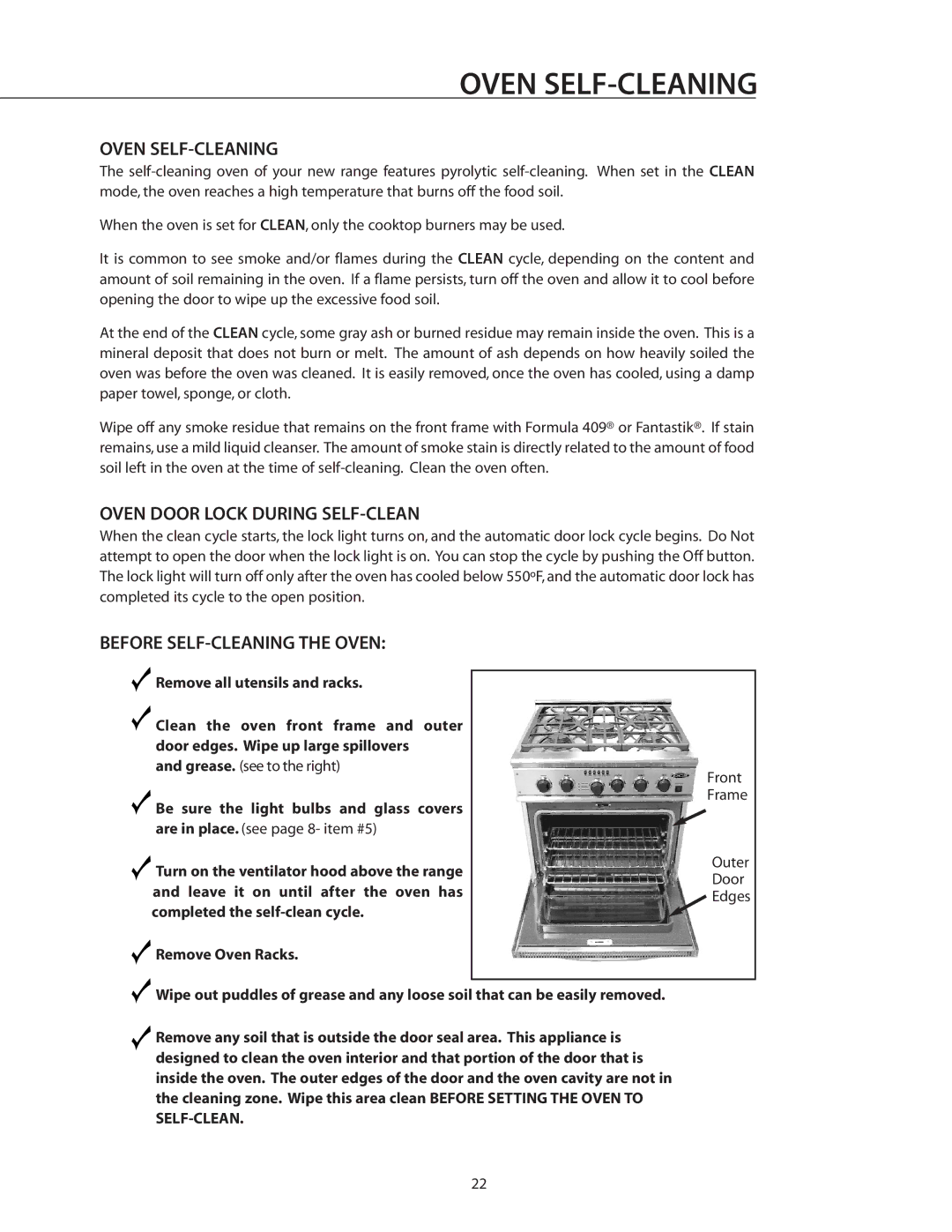 DCS RGSC-305SS, RGSC-305BK, RGSC-305WT Oven SELF-CLEANING, Oven Door Lock During SELF-CLEAN, Before SELF-CLEANING the Oven 