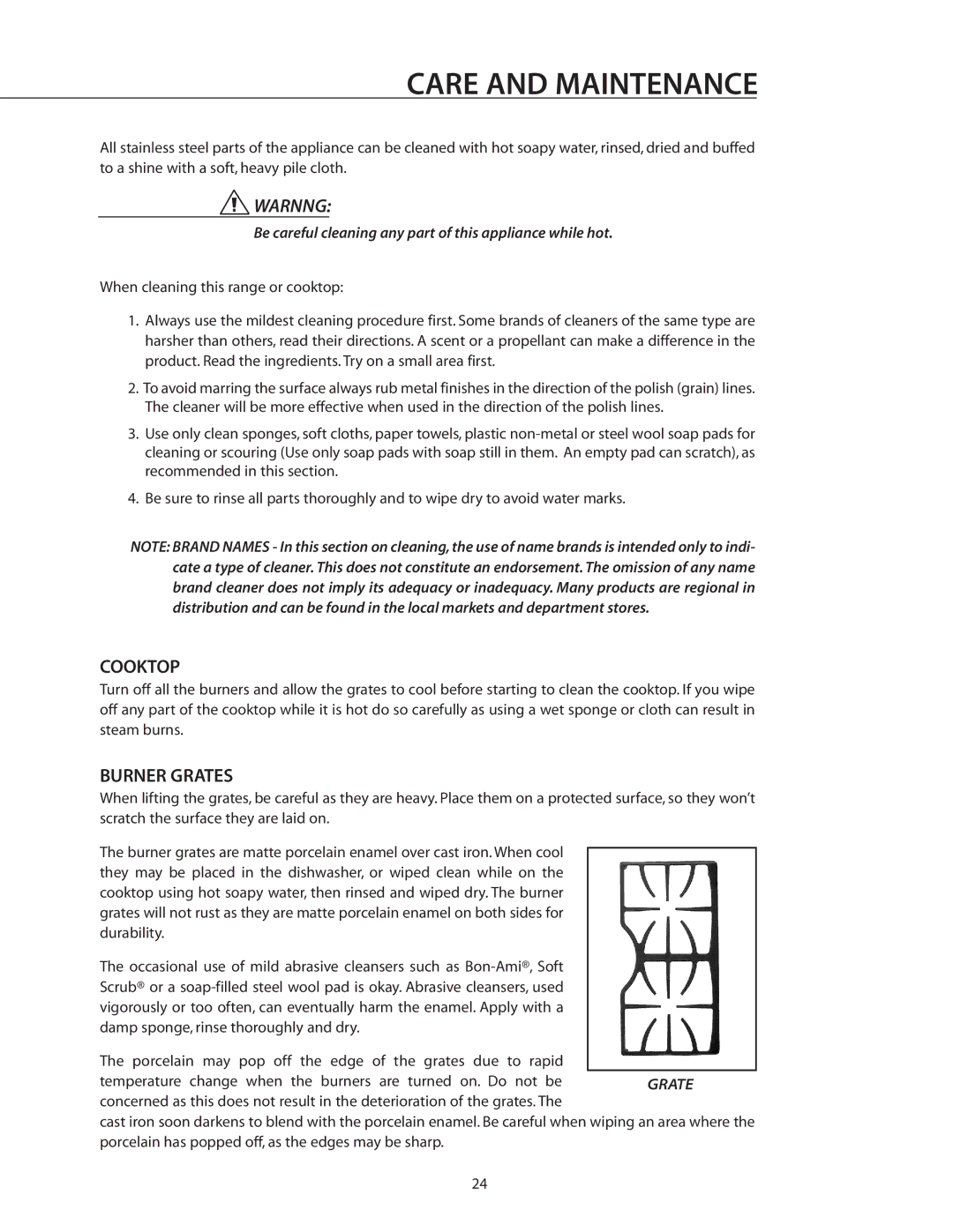 DCS RGSC-305WT, RGSC-305BK manual Care and Maintenance, Cooktop, Be careful cleaning any part of this appliance while hot 