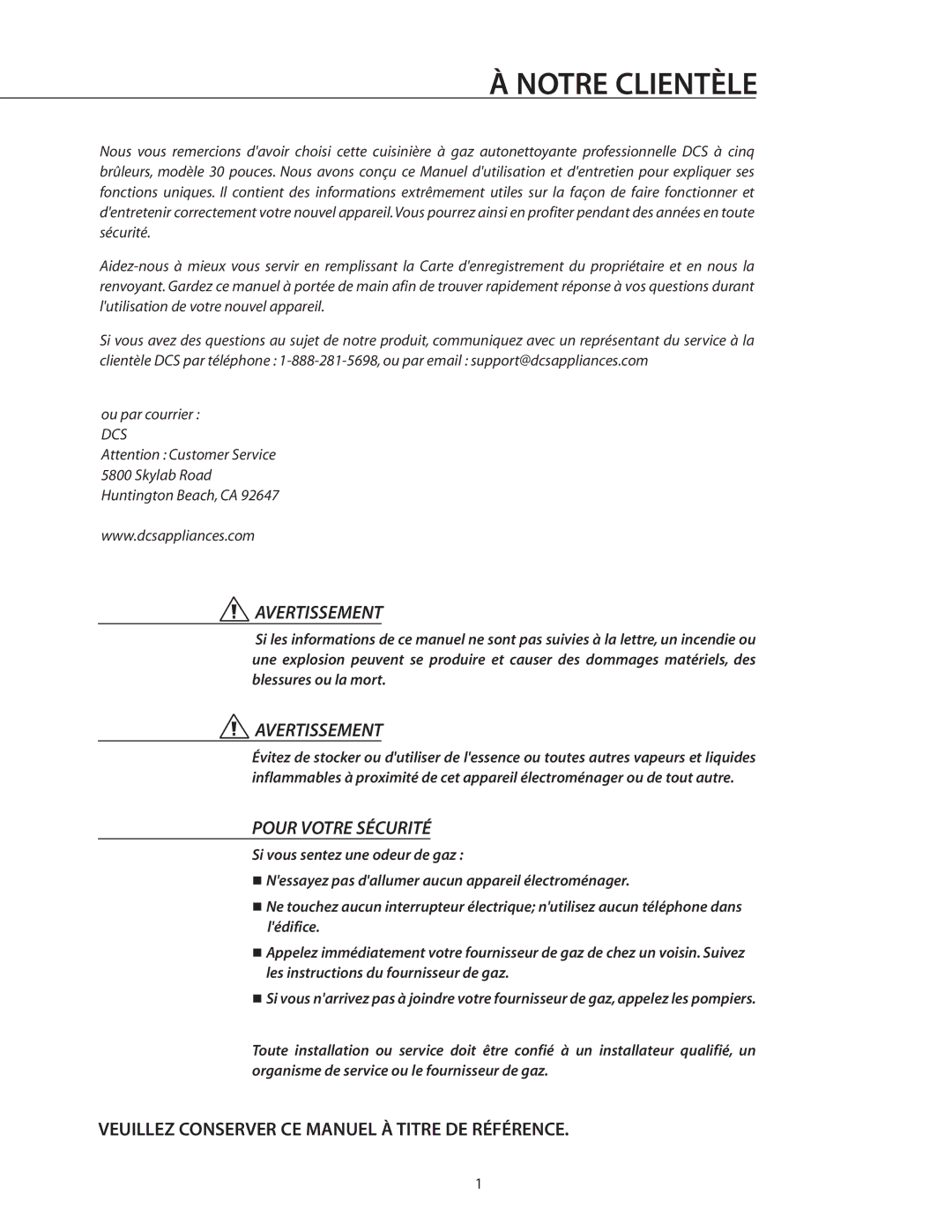 DCS RGSC-305WT, RGSC-305BK, RGSC-305SS Notre Clientèle, Veuillez Conserver CE Manuel À Titre DE Référence, Ou par courrier 