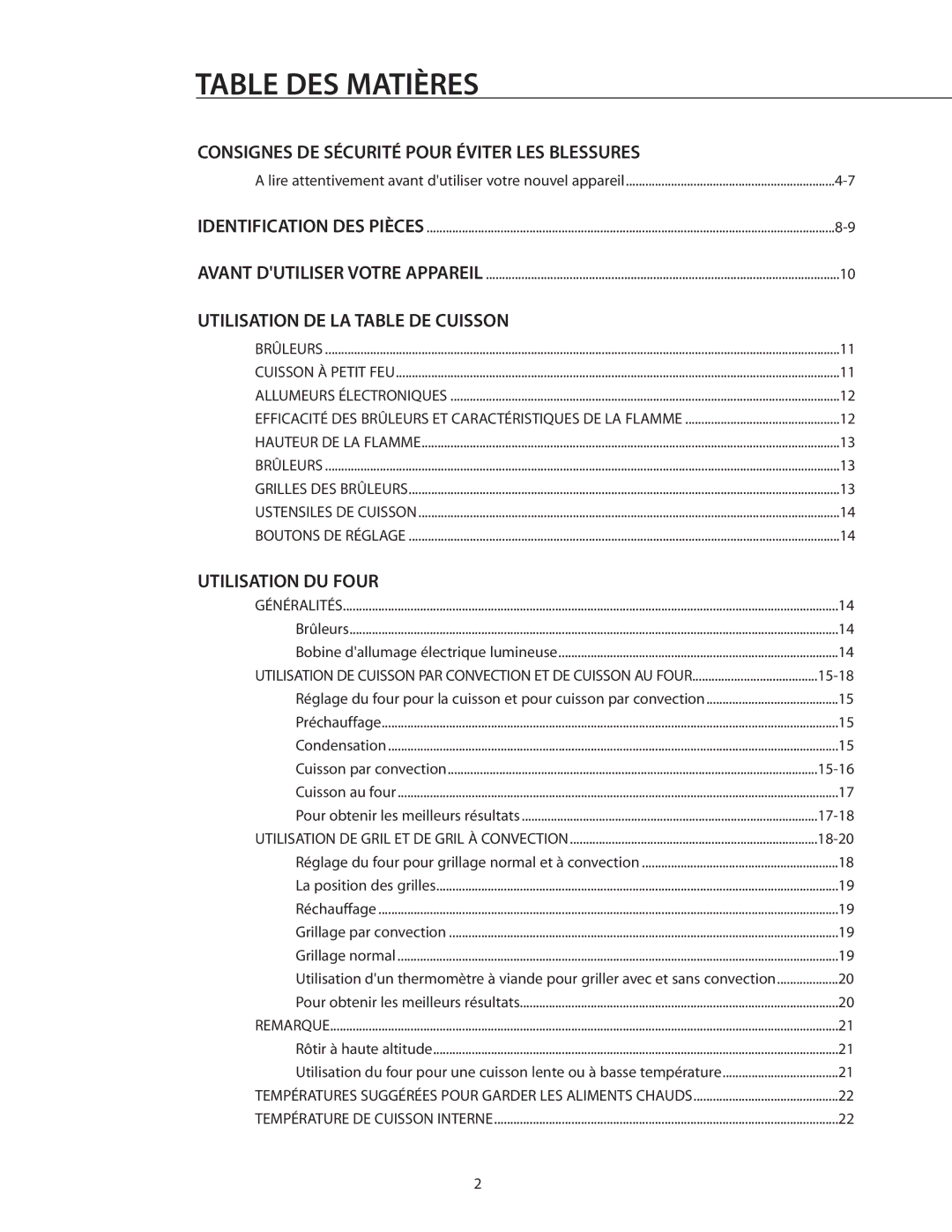 DCS RGSC-305SS Table DES Matières, Consignes DE Sécurité Pour Éviter LES Blessures, Utilisation DE LA Table DE Cuisson 