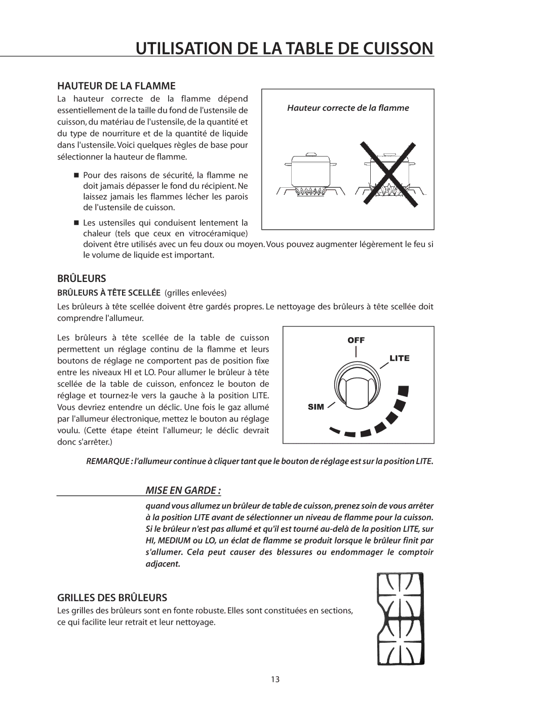 DCS RGSC-305WT, RGSC-305BK, RGSC-305SS manual Hauteur DE LA Flamme, Grilles DES Brûleurs, Hauteur correcte de la flamme 