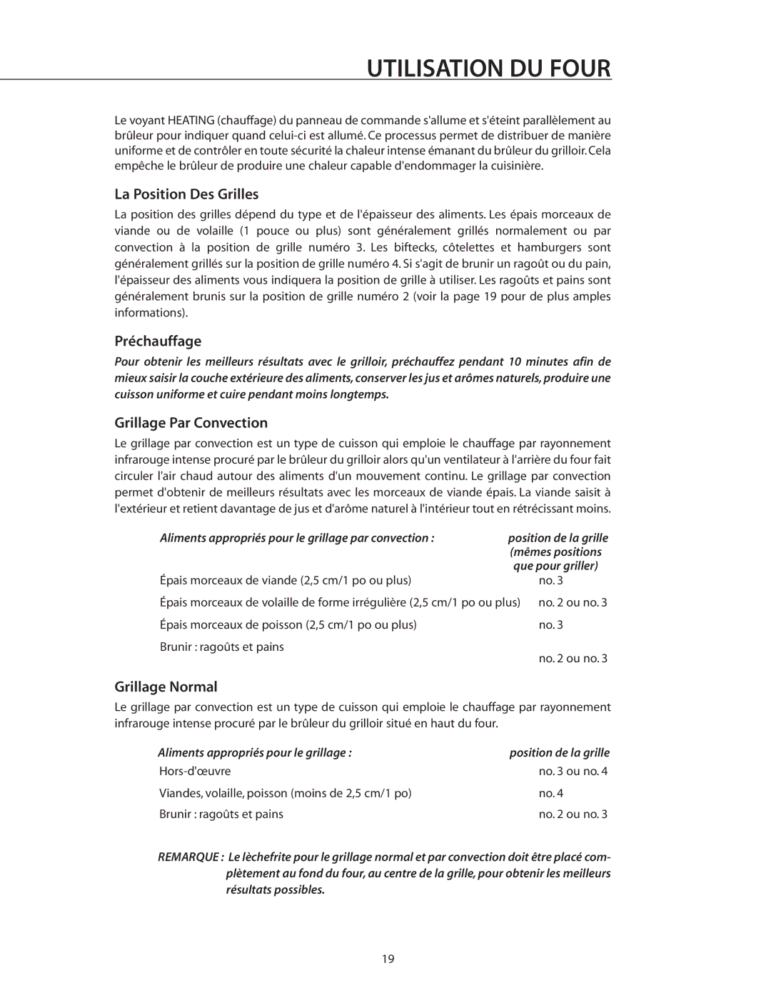 DCS RGSC-305WT, RGSC-305BK, RGSC-305SS manual La Position Des Grilles, Grillage Par Convection, Grillage Normal 