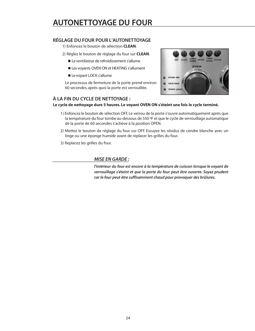 DCS RGSC-305BK, RGSC-305WT, RGSC-305SS manual Réglage DU Four Pour Lautonettoyage, LA FIN DU Cycle DE Nettoyage 