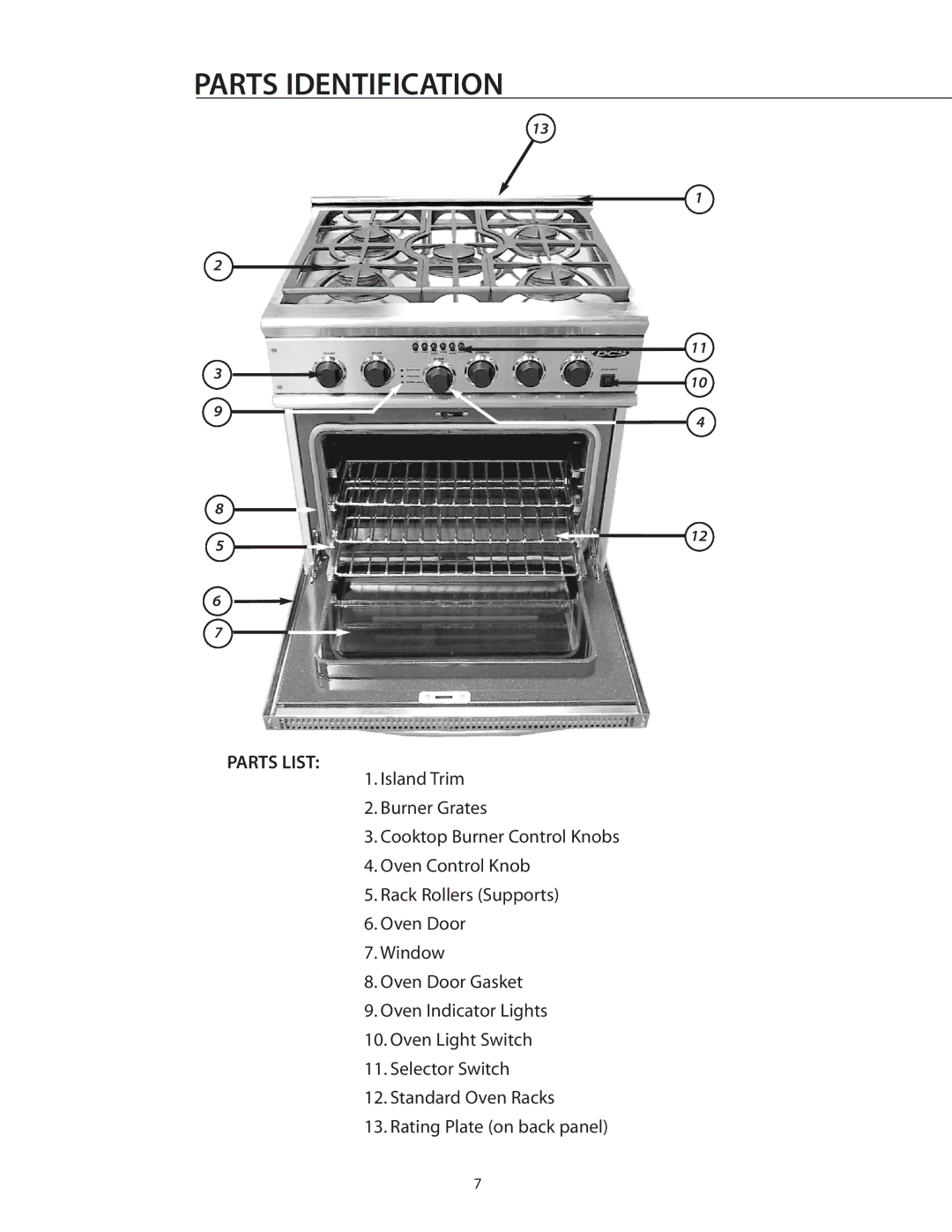 DCS RGSC-305SS, RGSC-305BK, RGSC-305WT manual Parts Identification, Parts List 