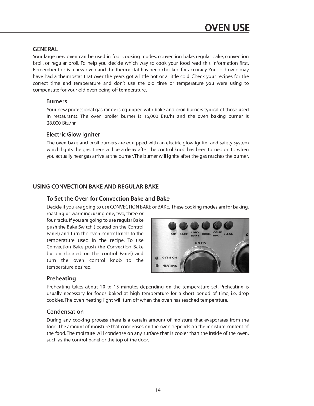 DCS RGSC-305BK manual Oven Use, General, Burners, Electric Glow Igniter, Using Convection Bake And Regular Bake, Preheating 